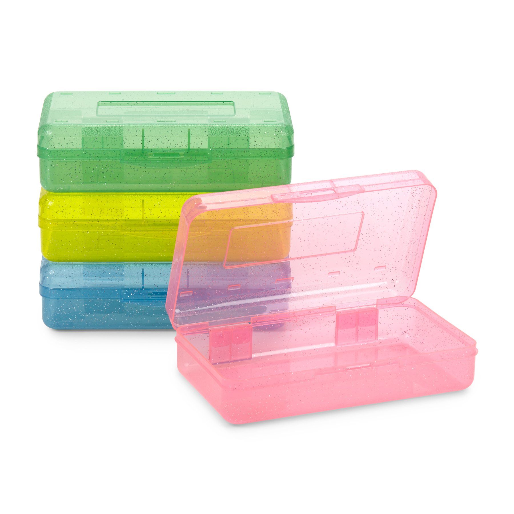 Blue Summit Supplies Plastic Pencil Boxes, Glitter Colors, 4 Pack